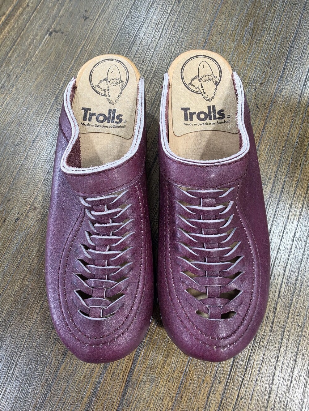 TROLLS By Samhall Burgundy Leather & Wood Sweden Clogs Size 37 - Picture 3 of 13